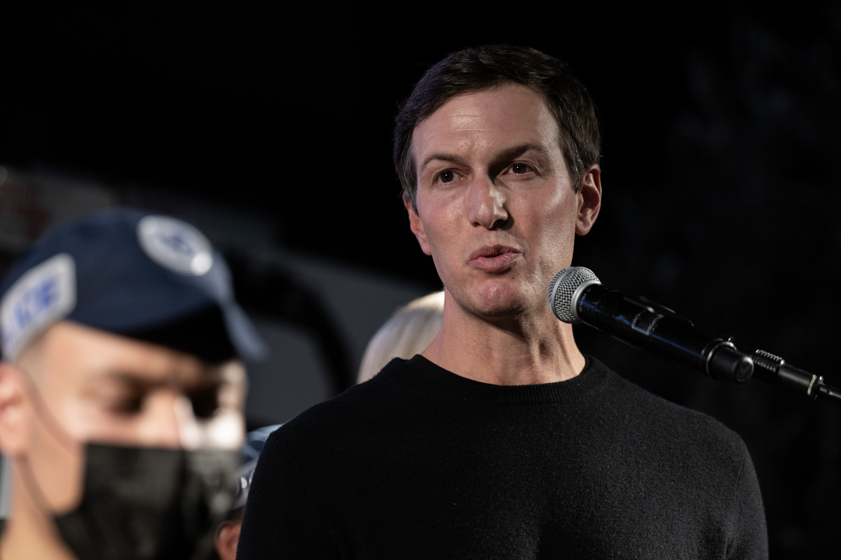 US President Donald Trump’s his son-in-law and former adviser Jared Kushner speaks as the Israelis gather at Hostages Square in Tel Aviv to celebrate the ceasefire agreement in Gaza, waving Israeli and U.S. flags during the celebration in Tel Aviv, Israel on October 11, 2025. [Mostafa Alkharouf - Anadolu Agency]