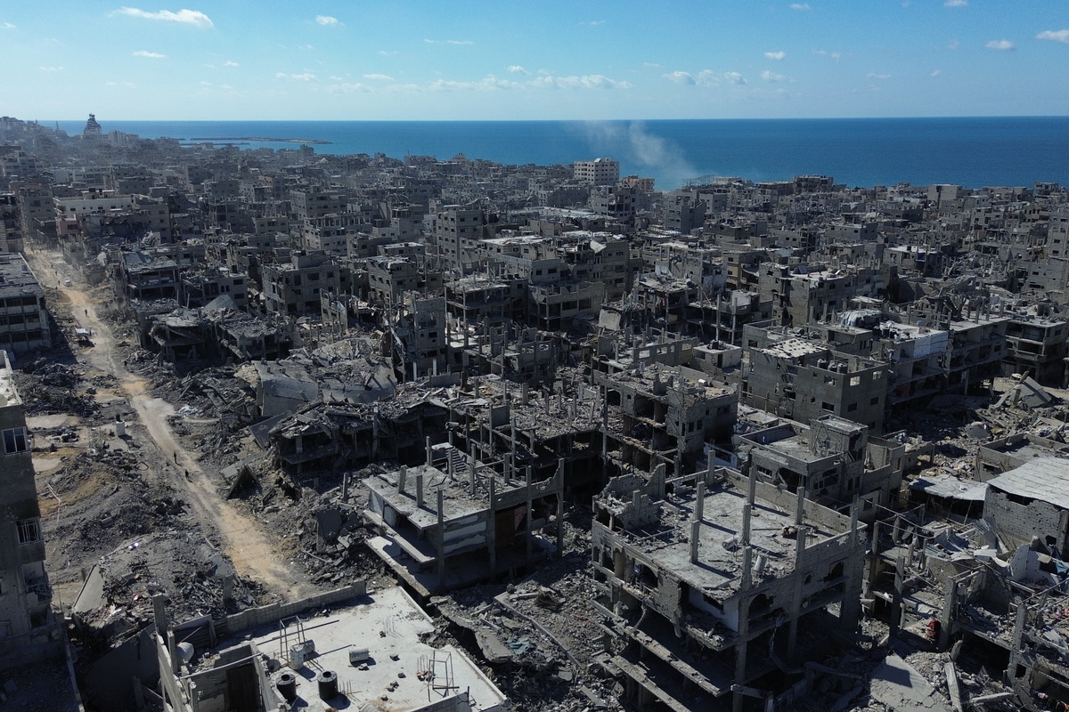 An aerial view of destruction in Sheikh Ridwan neighborhood following the Israeli forces' withdrawal with the ceasefire agreement in Gaza City, Gaza on October 17, 2025. [Mohammed Abu Samra - Anadolu Agency]
