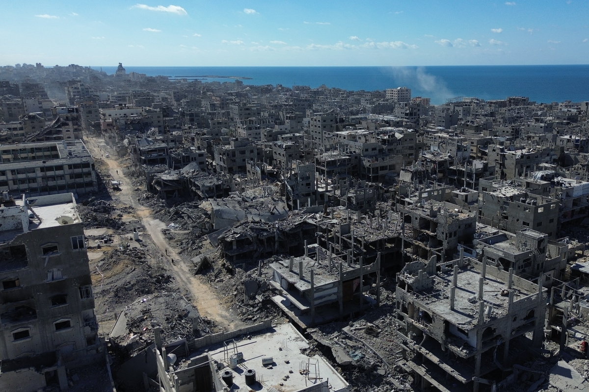 An aerial view of destruction in Sheikh Ridwan neighborhood following the Israeli forces' withdrawal with the ceasefire agreement in Gaza City, Gaza on October 17, 2025. [Mohammed Abu Samra - Anadolu Agency]