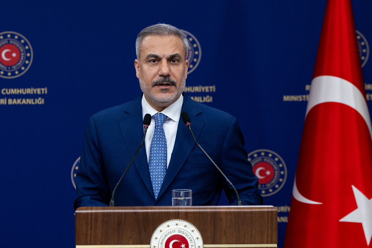 Turkish Foreign Minister Hakan Fidan gives a speech in Ankara, Turkiye on October 17, 2025. [Murat Gök - Anadolu Agency]