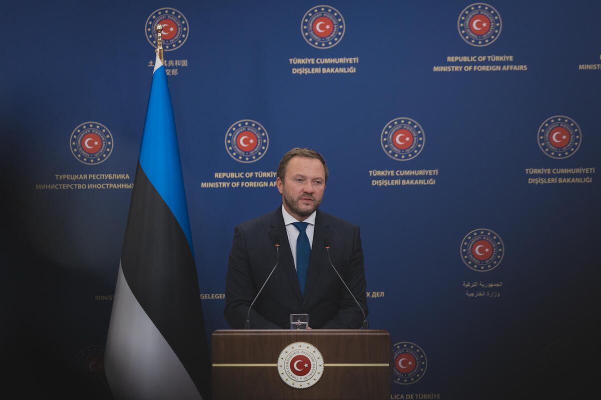 Estonian Foreign Minister Margus Tsahkna gives a speech in Ankara, Turkiye on October 31, 2025. [Ahmet Serdar Eser - Anadolu Agency]