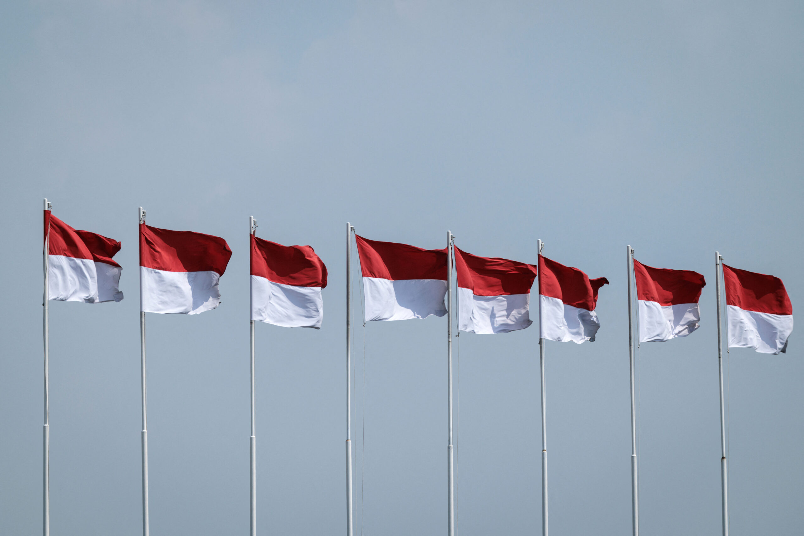 National flags of Indonesia are seen at Halim Perdanakusuma Air Force Base in Jakarta, on October 14, 2025. [YASUYOSHI CHIBA/AFP via Getty Images]