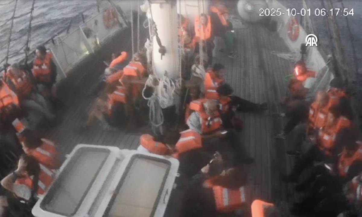 Global Sumud Flotilla activists brace in life jackets amid 'failed Israeli interception', on 1 Oct 2025 [Anadolu Agency]