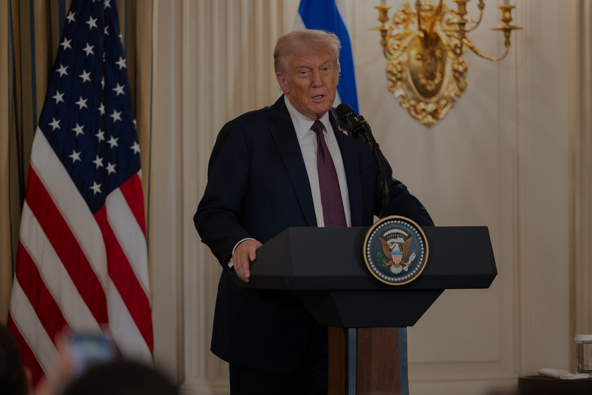 President Donald Trump gives opening remarks during a press conference with Israeli Prime Minister Benjamin Netanyahu in the State Dining Room of the White House in Washington, DC on September 29, 2025. [Stringer - Anadolu Agency]