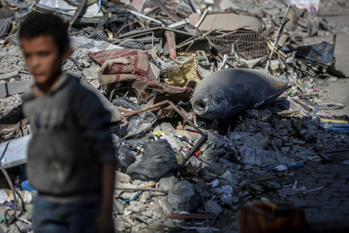A view of unexploded munitions left by Israeli strikes may cause deadly risk to civilians at the Al-Jalaa street remains awaiting for disposal in Gaza Strip on October 30, 2025. [Saeed M. M. T. Jaras - Anadolu Agency]
