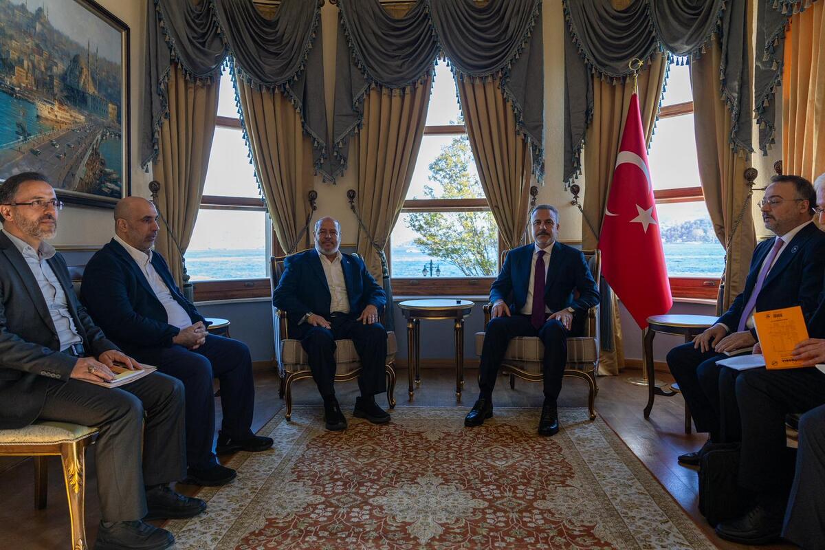 Turkish Foreign Minister Hakan Fidan (C-R) meets with members of the Hamas Political Bureau, regarding the status of the ceasefire in Gaza and the need for humanitarian aid, in Istanbul, Turkiye on November 1, 2025. [Murat Gök - Anadolu Agency]