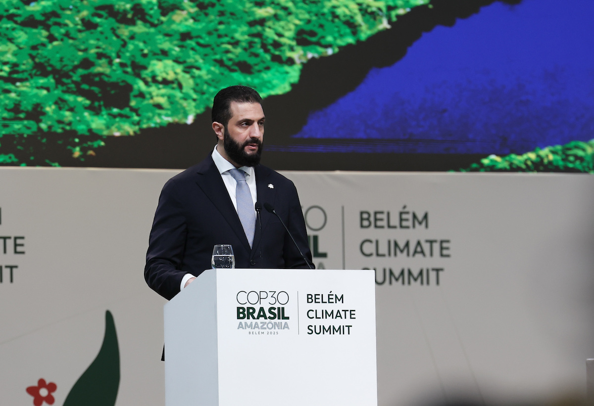 Syrian President Ahmed Shara delivers a speech during the 30th Conference of the Parties (COP30) to the United Nations Framework Convention on Climate Change in Belem, Brazil, on November 6, 2025. [Ahmet Okur - Anadolu Agency]