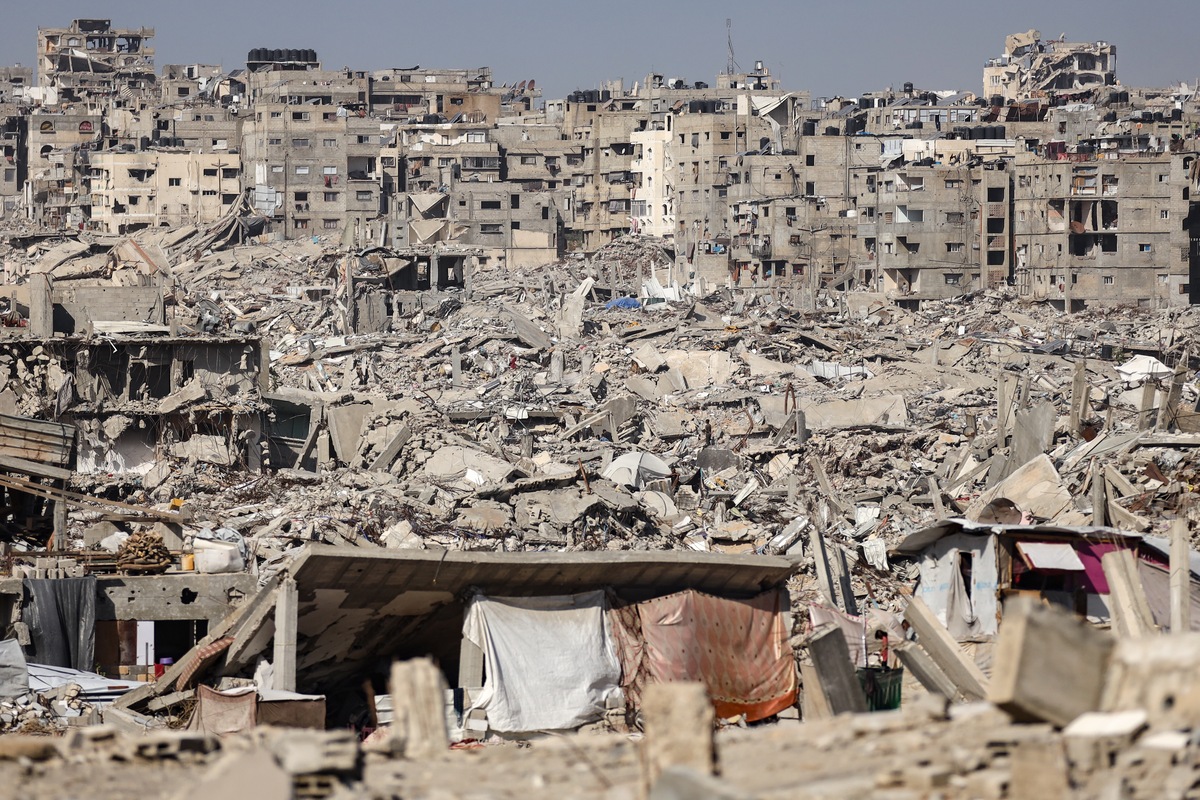 A view of destruction at Al-Zarqa area of the Al-Tuffah neighborhood, as Palestinian residents try to live in makeshift tents on top of the rubbles of destroyed buildings as they deprived of basic needs such as shelter, food, and clean water in Gaza City, Gaza on November 23, 2025. [Khames Alrefi - Anadolu Agency]