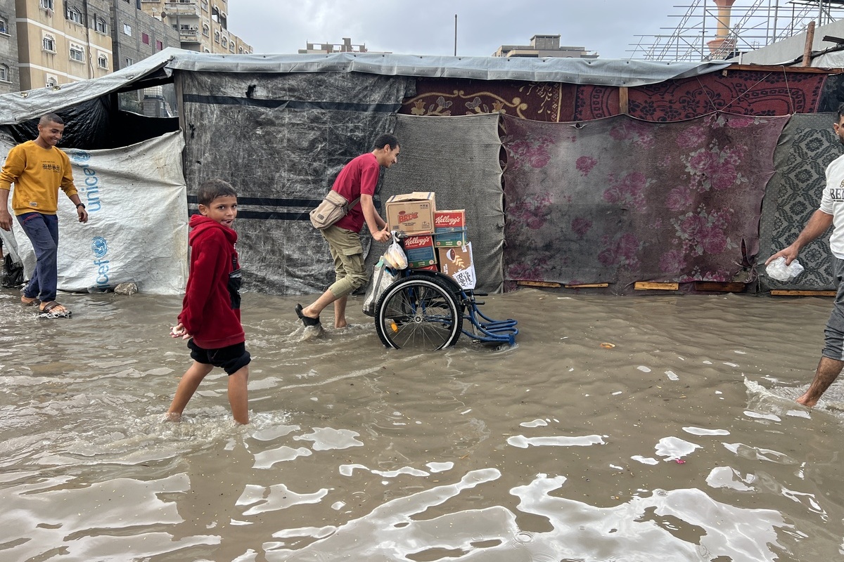 A view of makeshift tents flooding after heavy rainfall at the Nuseirat Refugee camp as the Palestinian families struggle to live under harsh living conditions while the Israeli attacks continue in Nuseirat, Gaza on November 25, 2025. [Hassan Jedi - Anadolu Agency]