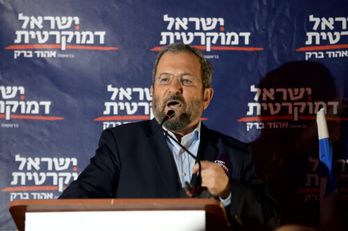 Former Israeli Prime Minister and leader of Israel Democratic party, Ehud Barak speaks at the Party's Election campaign event in Tel Aviv on July 17, 2019. [Gili Yaari/NurPhoto via Getty Images]