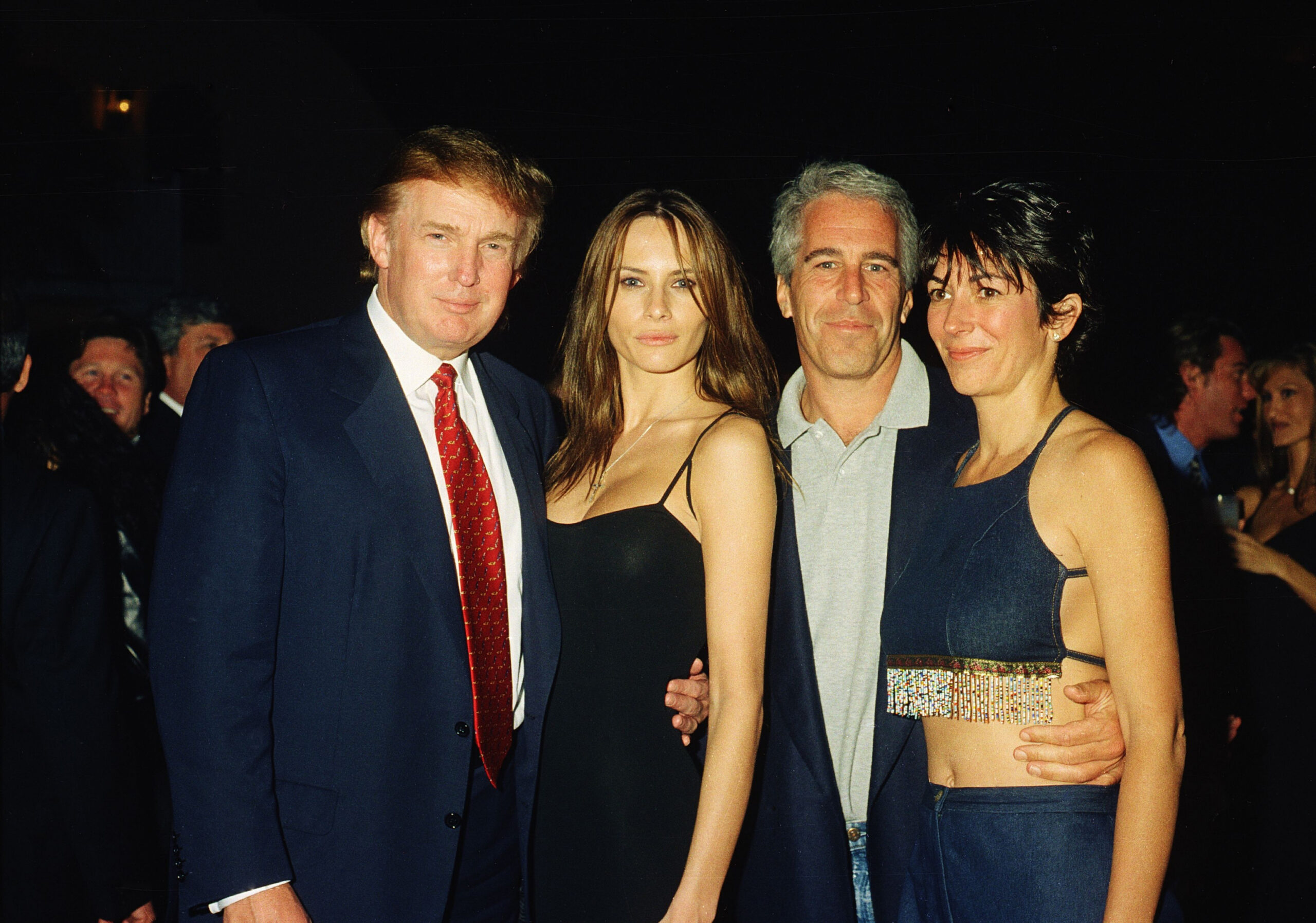 From left, American real estate developer Donald Trump and his girlfriend (and future wife), former model Melania Knauss, financier (and future convicted sex offender) Jeffrey Epstein, and British socialite Ghislaine Maxwell pose together at the Mar-a-Lago club, Palm Beach, Florida, February 12, 2000. [Davidoff Studios/Getty Images]