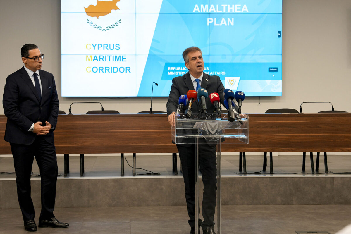 Israel's Foreign Minister Eli Cohen and his Cypriot counterpart Constantinos Kombos give a press conference in Nicosia on December 20, 2023 talking about a humanitarian aid corridor from the Mediterranean island to war-torn Gaza. [ELISA AMOURET/AFP via Getty Images]