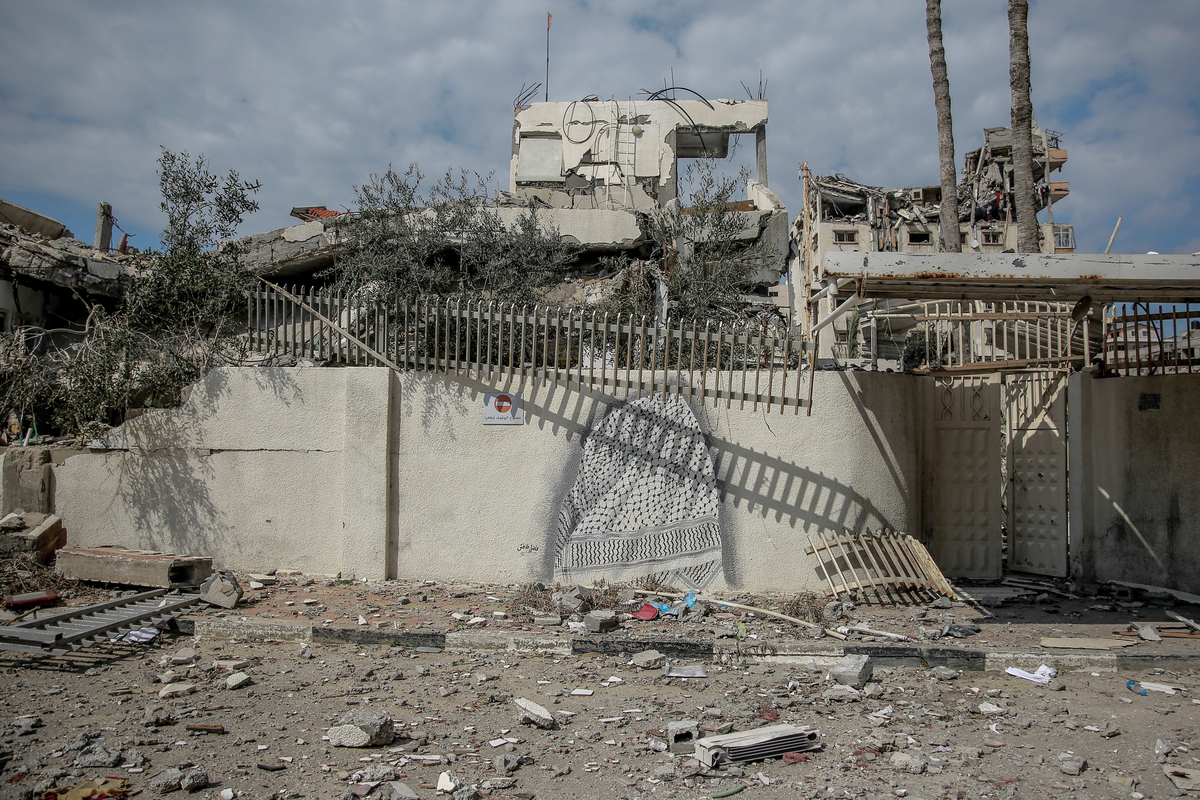 A view of the damaged house of former Palestinian President Yasser Arafat, who is known for his struggle against Israel's occupation of Palestinian territories, after it was targeted by Israeli army attacks in Gaza City, Gaza on February 20, 2024. [Photo by Omar Qattaa/Anadolu via Getty Images]