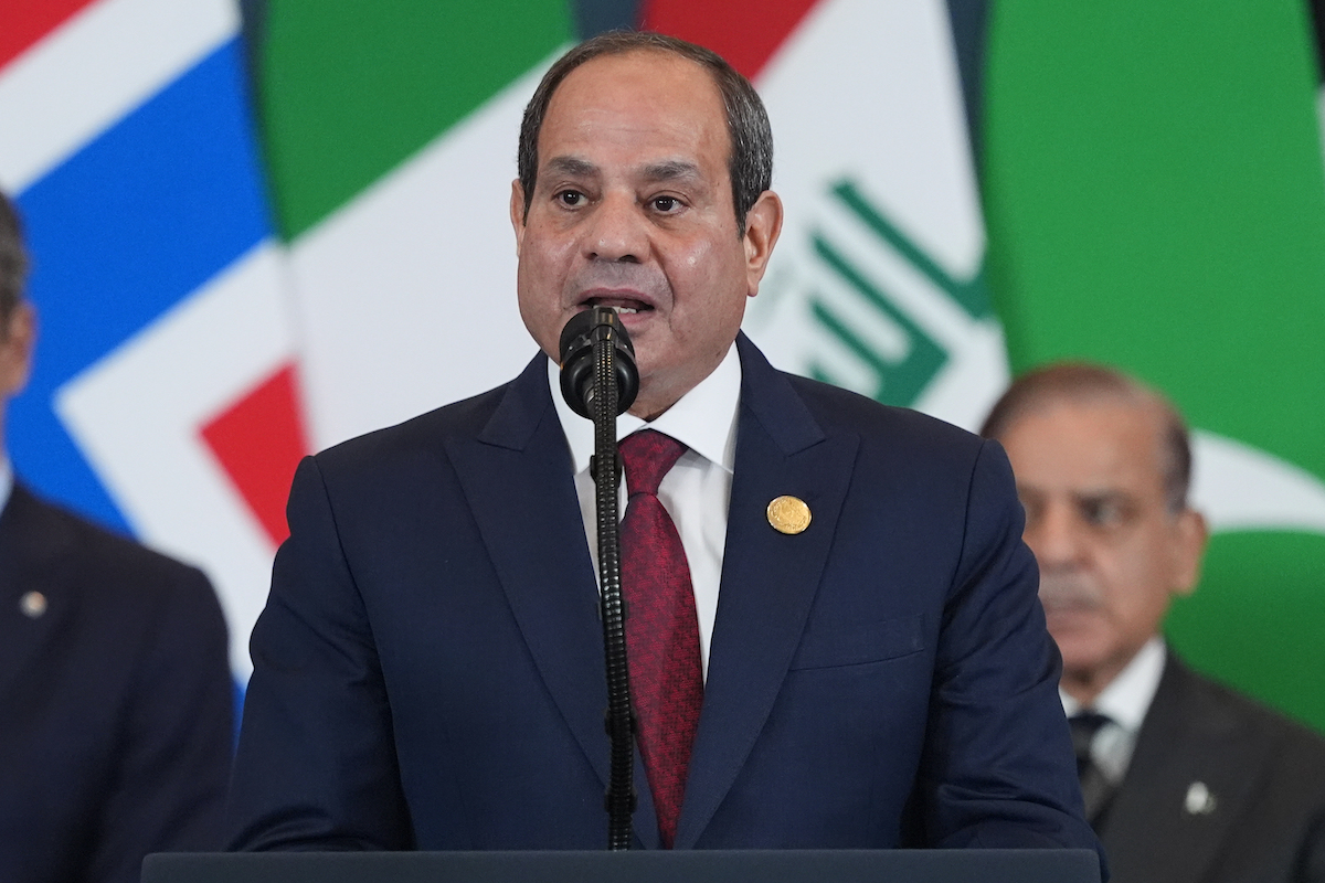 Egypt's President Abdel Fattah al-Sisi deliver a statement during a summit on Gaza in Sharm el-Sheikh on October 13, 2025. [Photo by Yoan VALAT / POOL / AFP via Getty Images]