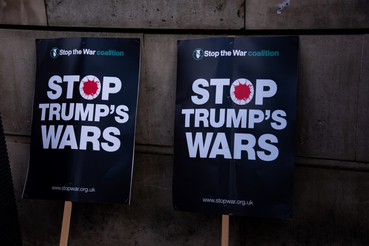 Protesters gather outside Downing Street during a demonstration titled “No to Trump’s War on Venezuela” in London, United Kingdom, on January 10, 2026. [Loredana Sangiuliano - Anadolu Agency]