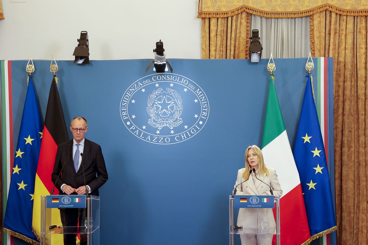 German Chancellor Friedrich Merz (L) and Italian Premier Giorgia Meloni (R) attend a joint press conference at the end of the Italy-Germany intergovernmental summit at Villa Doria Pamphili in Rome, Italy, on January 23, 2026. [Riccardo De Luca - Anadolu Agency]