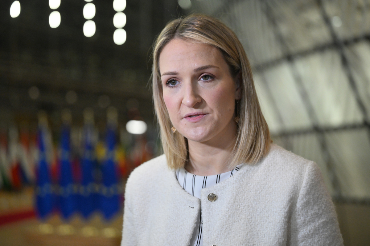 Helen McEntee, Minister for Foreign Affairs and Trade and Minister for Defense of Ireland speaks to press prior to EU Foreign Ministers Meeting in Brussels, Belgium on January 29, 2026. [Dursun Aydemir - Anadolu Agency]