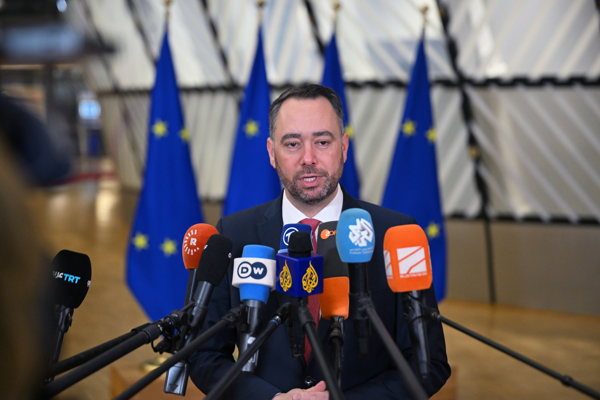 Belgian Deputy Prime Minister and Minister of Foreign Affairs, European Affairs, and Development Cooperation Maxime Prevot speaks to press prior to EU Foreign Ministers Meeting in Brussels, Belgium on January 29, 2026. [Dursun Aydemir - Anadolu Agency]