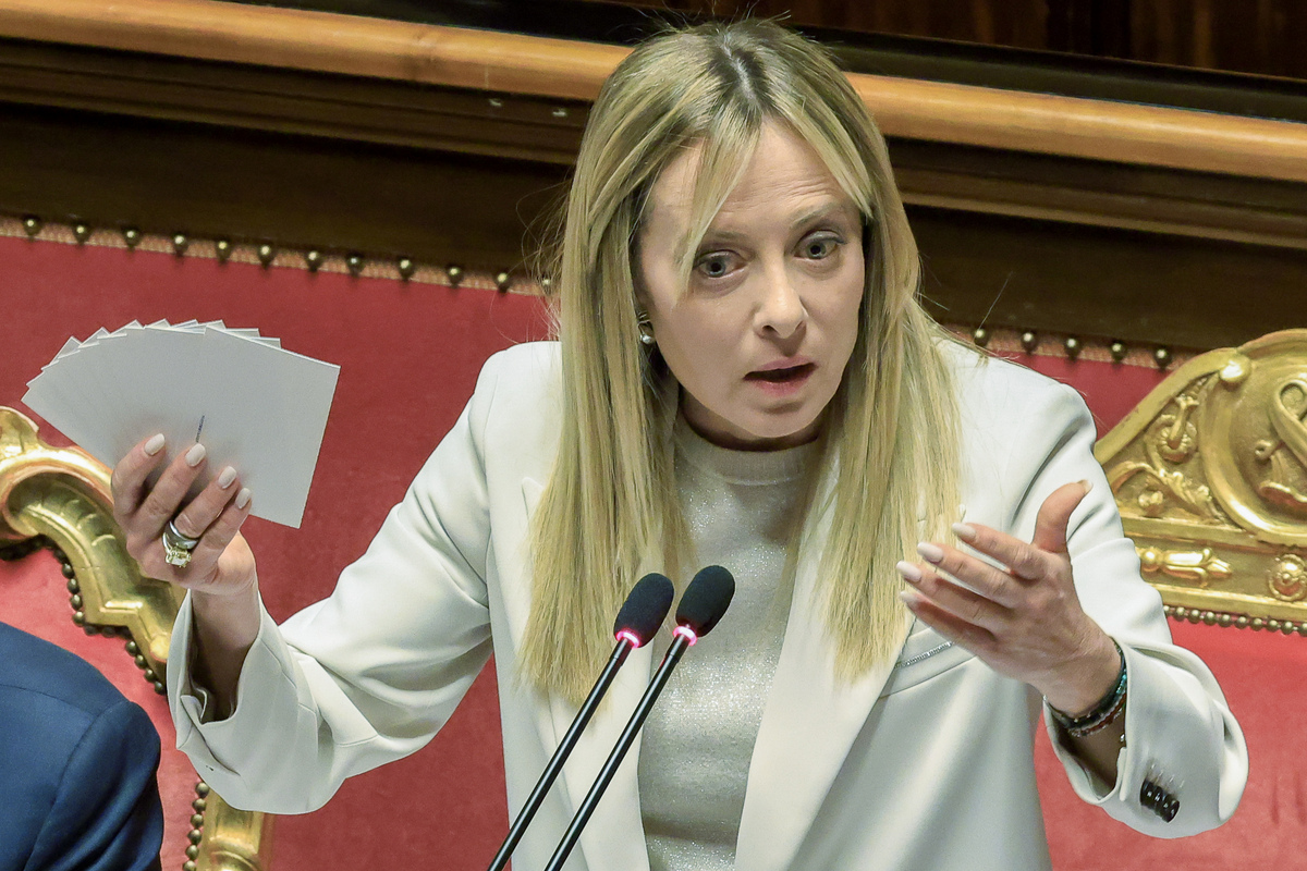 Italy's Premier Giorgia Meloni gives a speech in Rome, Italy, on March 11, 2026. [Riccardo De Luca - Anadolu Agency]