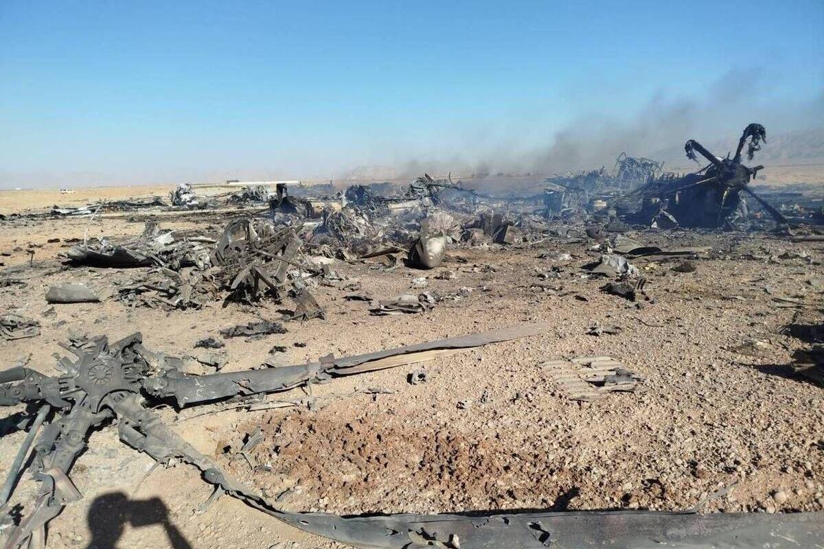 A view of wreckage and remains of the downed F-15 fighter jet is seen in Iran on April 05, 2026. [Islamic Revolutionary Guard Corps - Anadolu Agency]
