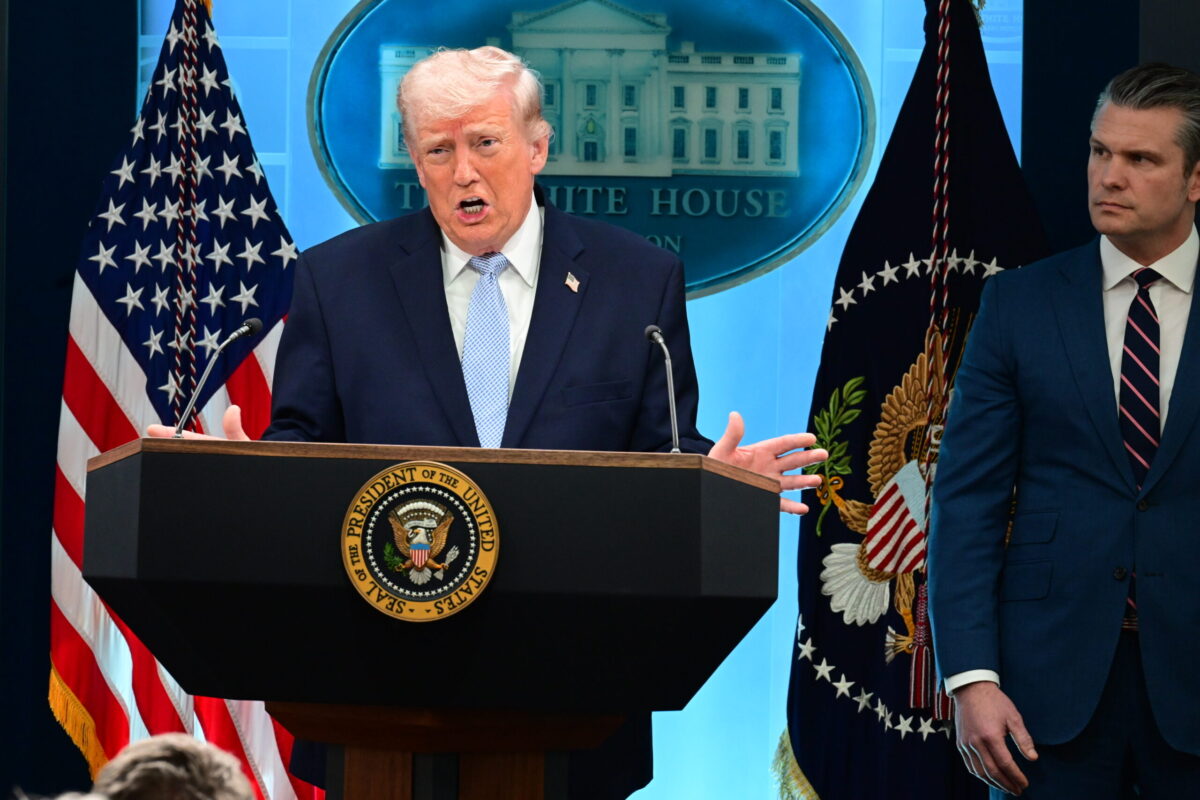 US President Donald Trump speaks during a news conference in James S. Brady Press Briefing Room of the White House on April 06, 2026 in Washington, DC. [Kyle Mazza - Anadolu Agency]