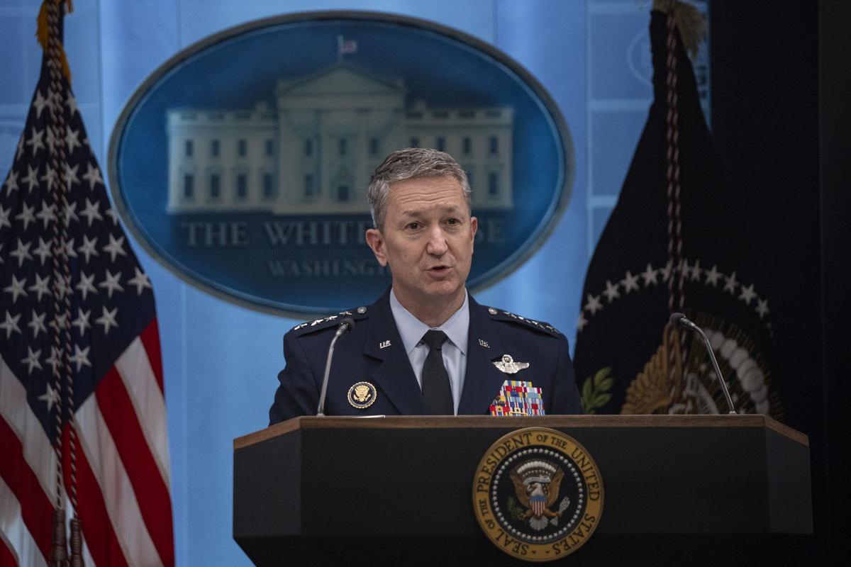 US Chairman of the Joint Chiefs of Staff Dan Caine speaks during the press conference held by the United States President Donald Trump in the James S. Brady Press Briefing Room at the White House on April 6, 2026, in Washington DC, United States. [Celal Güneş - Anadolu Agency]