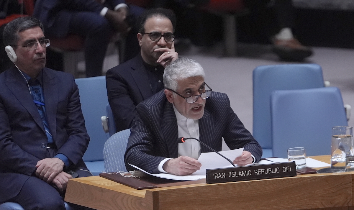 Amir Saeid Iravani, Permanent Representative of the Islamic Republic of Iran to the UN, speaks at the UNSC meeting on Middle East at the UN headquarters in New York, United States, on April 7, 2026. [Selçuk Acar - Anadolu Agency]