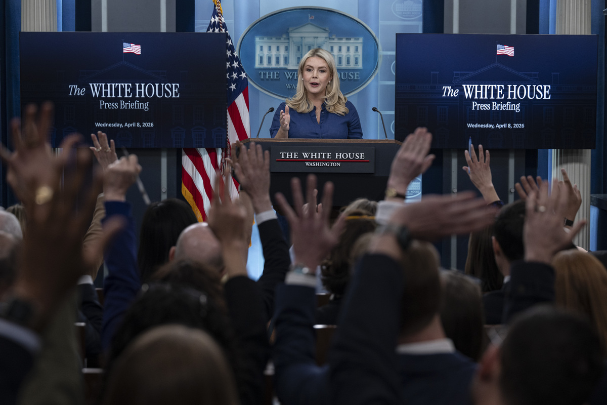 White House press secretary Karoline Leavitt speaks at the White House Press Briefing room in Washington DC., United States, on April 8, 2026. [Celal Güneş - Anadolu Agency]