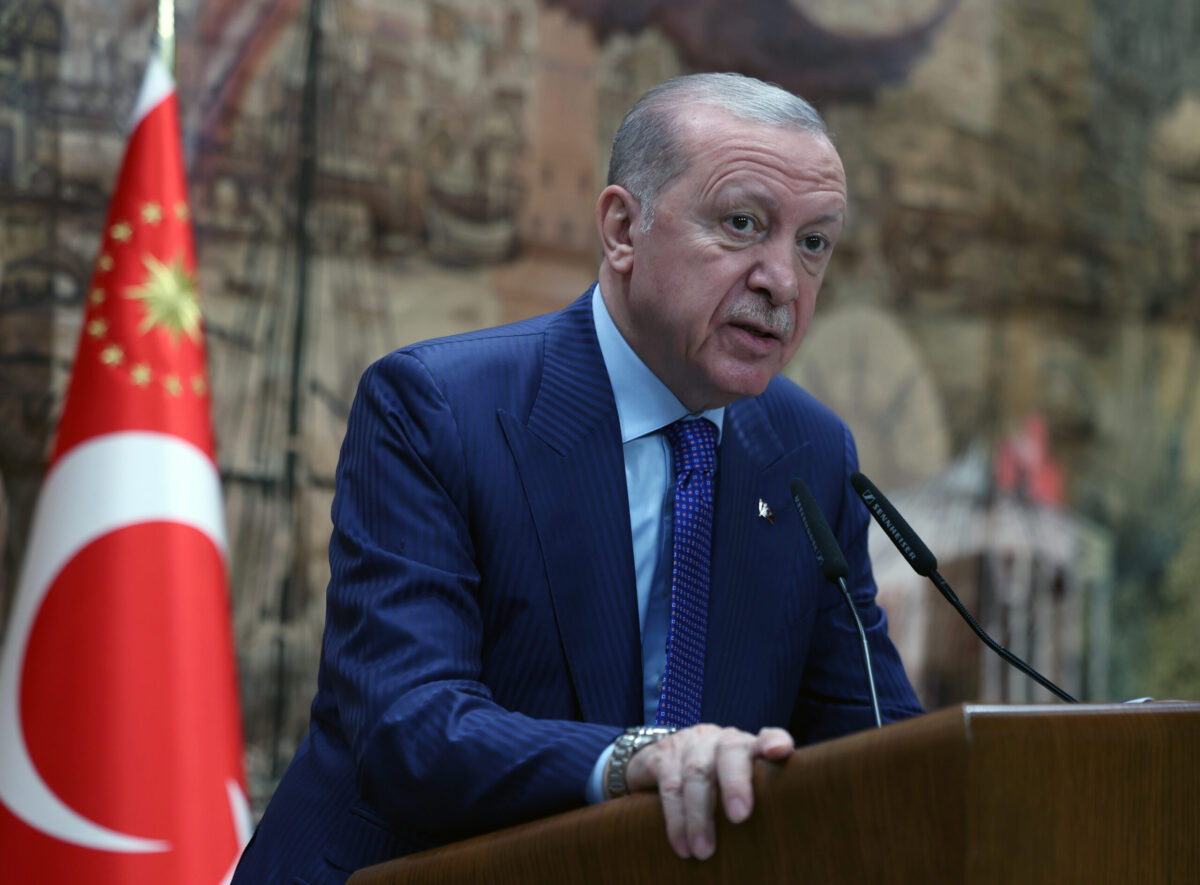 Turkish President Recep Tayyip Erdogan delivers a speech as he meets with participants of 9th meeting of the Women’s Branch of the International Conference of Asian Political Parties (ICAPP) in Istanbul, Turkiye on April 10, 2026. [TUR Presidency / Mustafa Kamaci - Anadolu Agency]
