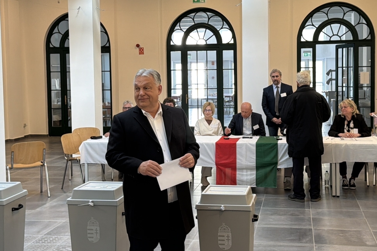 Prime Minister of Hungary Viktor Orban votes for the general election at a polling station in Budapest, Hungary on April 12, 2026. [Salih Okuroğlu - Anadolu Agency]