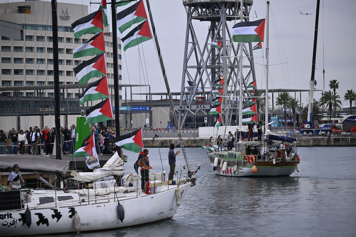A fleet of dozens of boats prepares to depart from the Port of Barcelona as part of the Global Sumud Flotilla mission to break the blockade on Gaza, in Barcelona, Spain on April 12, 2026. [Burak Akbulut - Anadolu Agency]