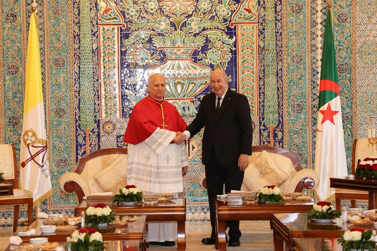 Pope Leo XIV meets with Algerian President Abdelmadjid Tebboune at the Presidential Palace during his Africa tour in Algiers, Algeria on April 13, 2026. [Algerian Presidency - Anadolu Agency]