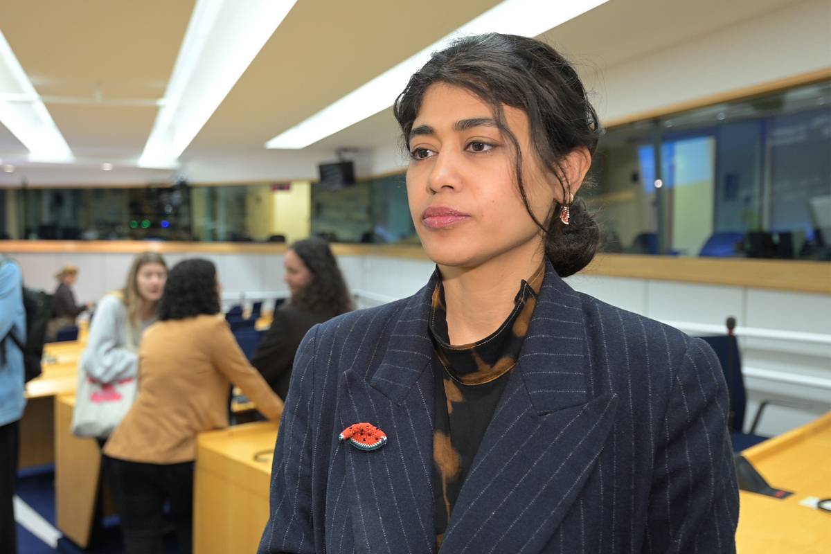 French lawmaker Rima Hassan makes a speech during an interview in Brussels, Belgium on April 15, 2026. [Dursun Aydemir - Anadolu Agency]