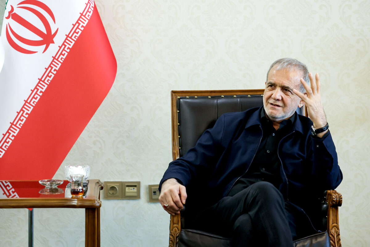 Iranian President Masoud Pezeshkian delivers a speech during an inspection visit to the Ministry of Sports and Youth in Tehran, Iran on April 19, 2026. [Iranian Presidency - Anadolu Agency]