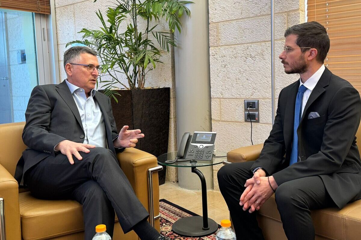 Foreign Minister Gideon Sa'ar (left) speaks with Special Envoy to the Christian World George Deek, in a photo released on April 23, 2026. [X/@IsraelMFA]