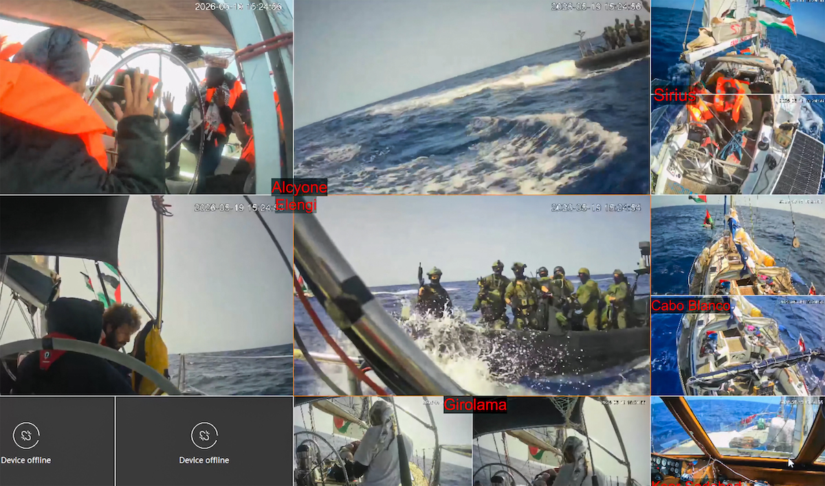 A screen grab captured from CCTV videos shows Israeli forces attacking 'Alcyone' and 'Girolama' vessels of the Gaza-bound Global Sumud Flotilla at Mediterranean Sea, on May 19, 2026. [Global Sumud Flotilla - Anadolu Agency]