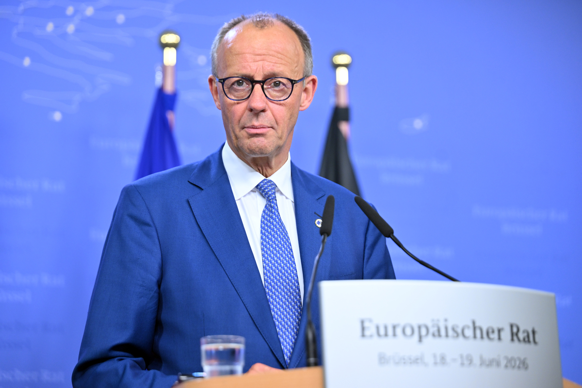 German Chancellor Friedrich Merz holds a press conference after the European Union Leaders Summit in Brussels, Belgium on June 19, 2026. [Dursun Aydemir - Anadolu Agency]