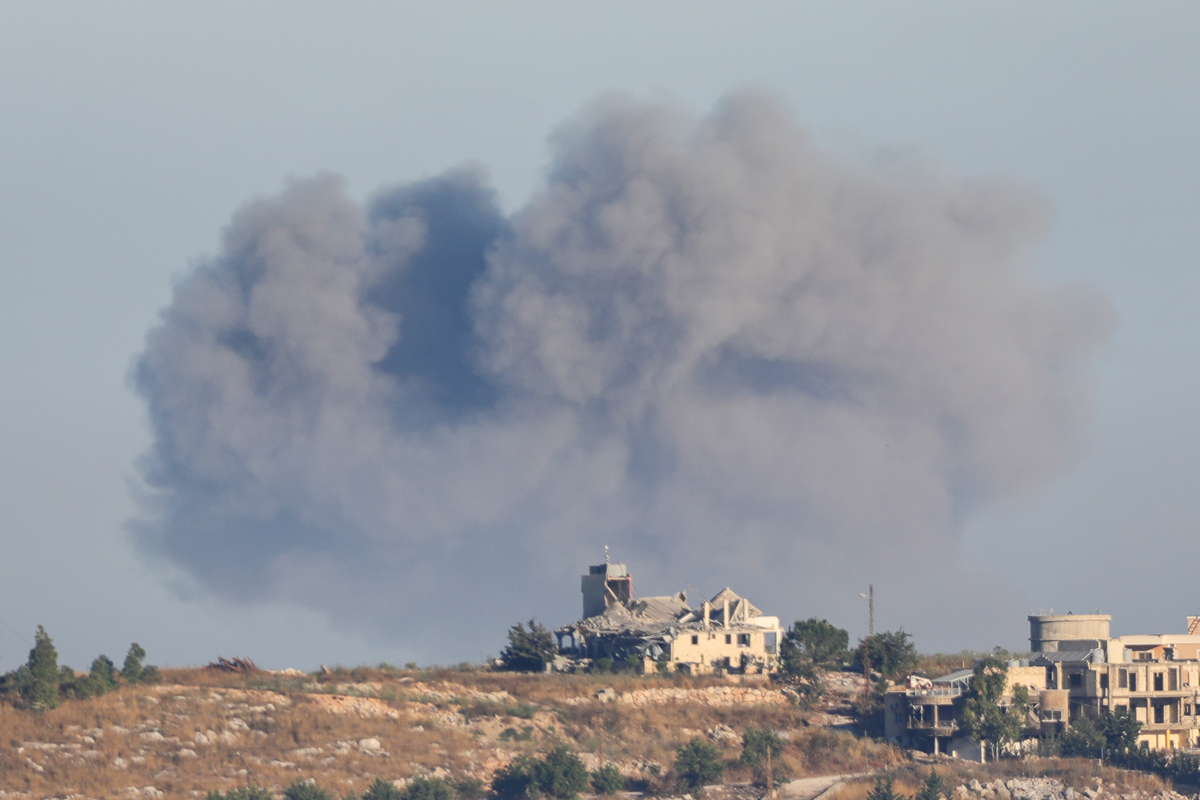 Smoke rises from the town of Shweikin and the Ali al-Tahir hill area in the Nabatieh Governorate of southern Lebanon following Israeli airstrikes on June 20, 2026. [Ramiz Dallah - Anadolu Agency]