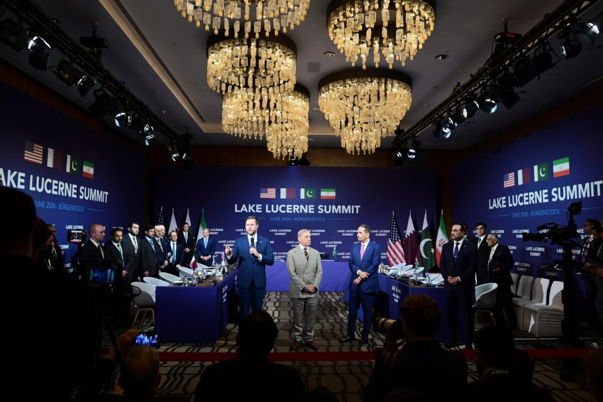 Pakistan Prime Minister Muhammad Shehbaz Sharif along with US Vice President J.D. Vance and Prime Minister and Foreign Minister of the State of Qatar Sheikh Mohammed bin Abdulrahman bin Jassim bin Jaber Al Thani deliver a speech prior to the commencement of the technical level talks between the US and Iran, hosted by Pakistan in Burgenstock, Switzerland, on June 21, 2026. [Government of Pakistan's X Account - Anadolu Agency]