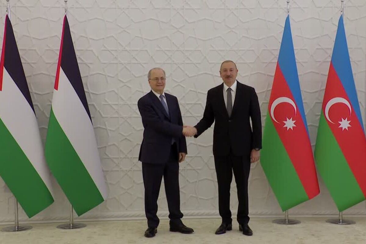 Azerbaijani President Ilham Aliyev (R) meets with Palestinian Prime Minister Mohammed Mustafa (L) in Baku, Azerbaijan on July 16, 2026. [Screengrab/Anadolu Agency ]