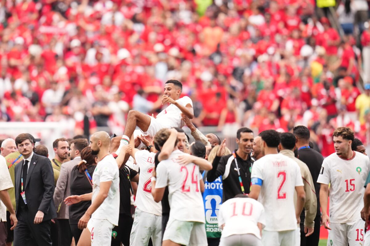 Azzedine Ounahi of Morocco is thrown into the air by teammates during the 2026 FIFA World Cup Round of 16 match between Canada and Morocco at Houston Stadium (NRG Stadium) on July 04, 2026 in Houston, Texas. [Jose Hernandez - Anadolu Agency]
