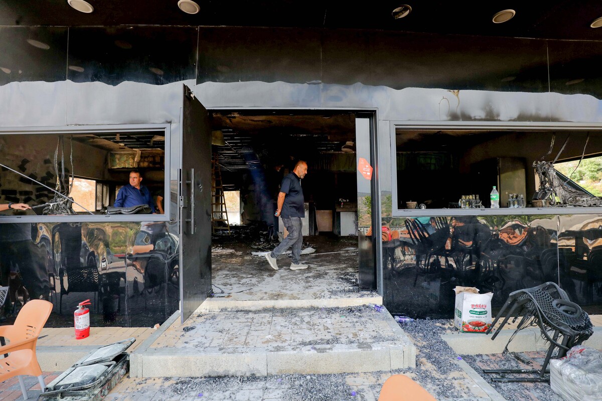 The interior of a restaurant is seen heavily damaged after Israeli settlers raided and set fire to the building near An-Najah National University in Nablus, in West Bank, on July 5, 2026. [Nedal Eshtayah - Anadolu Agency]