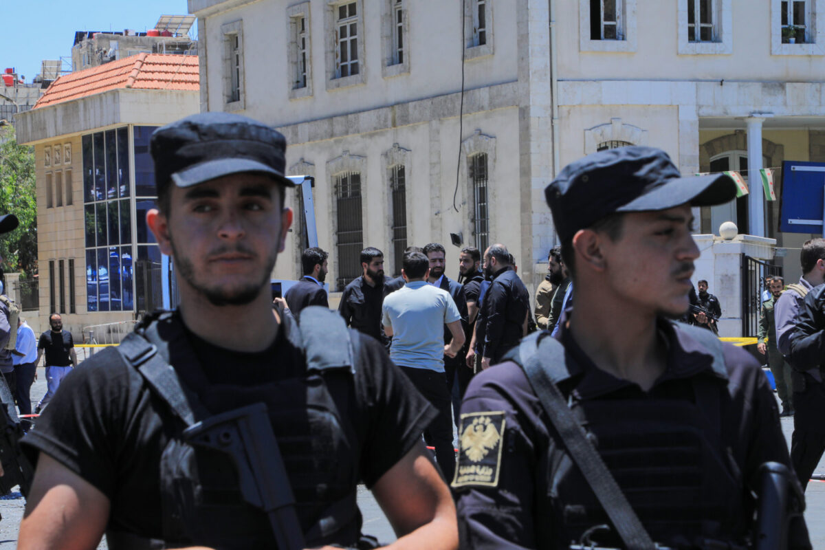 Security forces take strict security measures following two consecutive explosions that occurred near the Ministry of Tourism building, injuring 18 people including four security personnel, in Damascus, Syria on July 7, 2026. [Hişam Hac Ömer - Anadolu Agency]