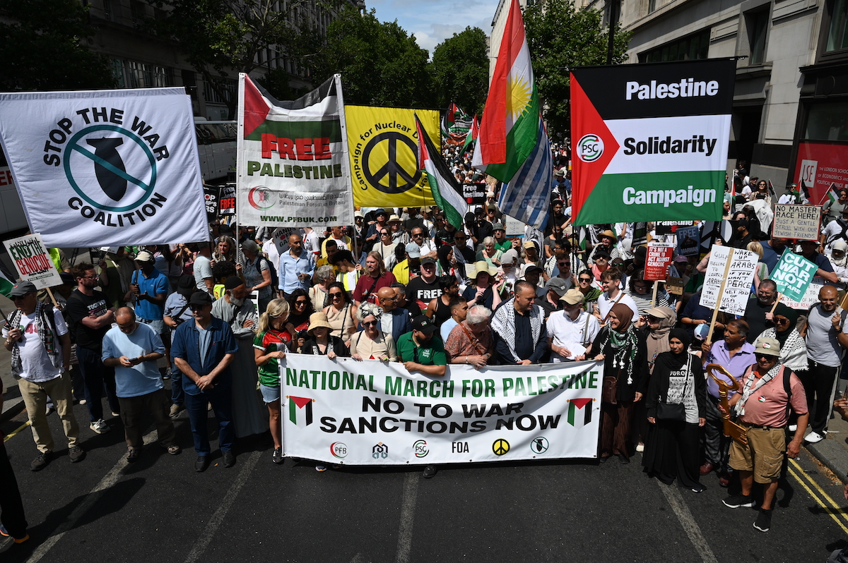 People stage a pro-Palestinian demonstration and call on Labour Party leader Andy Burnham, who is preparing to take office as prime minister, to impose comprehensive sanctions on Israel, in London, United Kingdom on July 18, 2026. [Raşid Necati Aslım - Anadolu Agency]