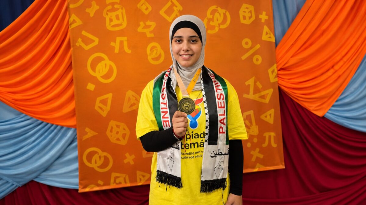 Palestinian student Tala Mohammed Awad won a gold medal at OMASP 2026 in São Paulo, Brazil, in June 2026. [Mohammed Awad]